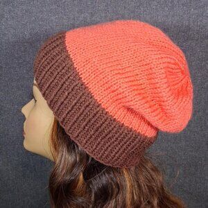 Brown and Orange Slouchy Beanie – Hand-Knitted Hat, Unisex Adult & Teen